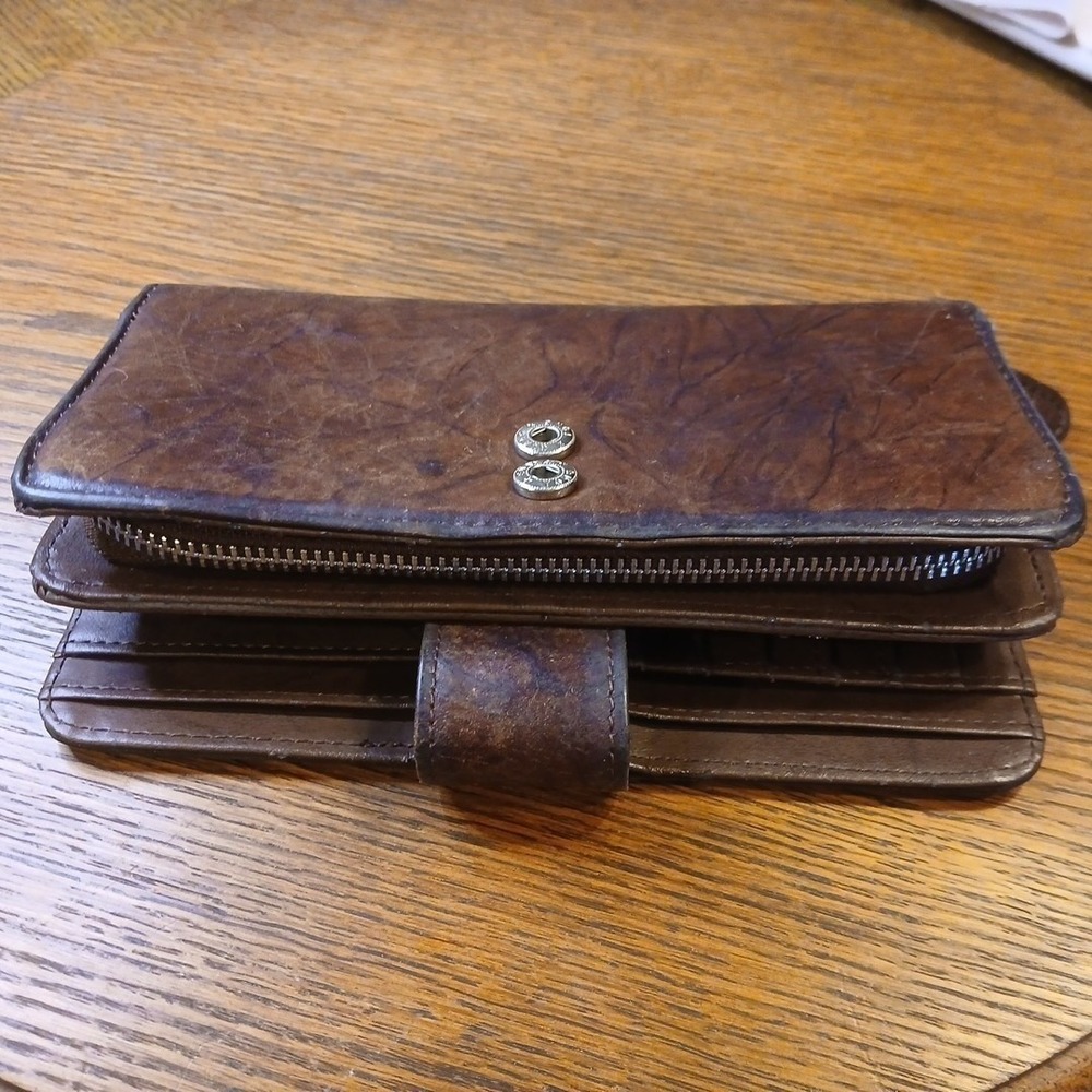Mens Brown Leather Trifold Wallet Vintage Distressed Snap Coin Pocket ID Window - Picture 6 of 11